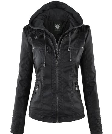 Womens Removable Hoodie Motorcyle Jacket M BLACK